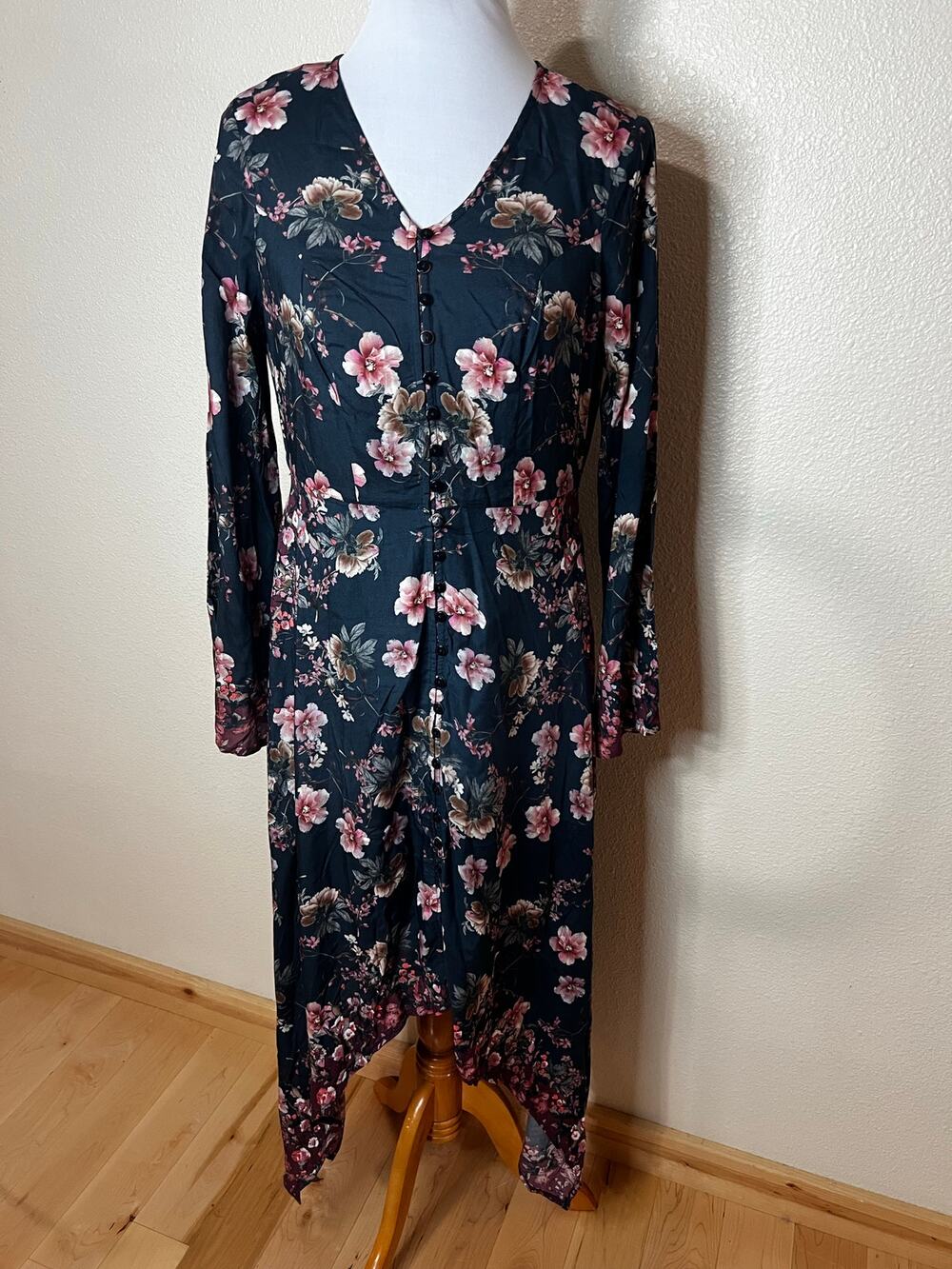 Tolani Collection Clara Teal Blush Floral Button Front Handkerchief Dress NEW XS